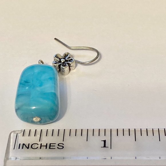 Aqua Turquoise Art Bead Earrings Acrylic Swirl Silver Plated Flowers Boho - Picture 10 of 11